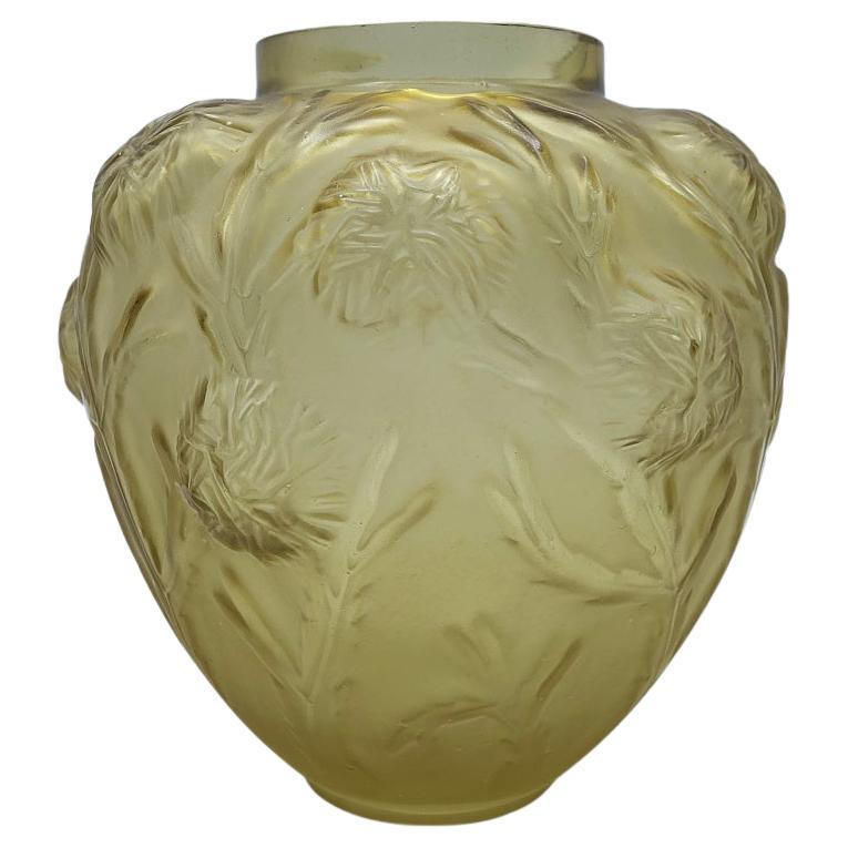 Vintage Sabino Art Deco Topaz Color Art Glass Vase, Aux Chardons, France 1930 For Sale