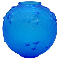 Vintage Sabino Art Deco Blue Art Glass Vase, Les Abeilles 'Bees' France 1933