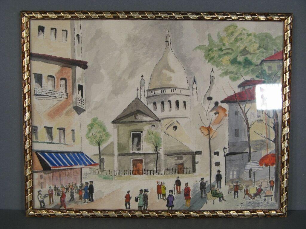 Peinture aquarelle vintage du Sacré-Cœur, signée 1964 -1Y63 3