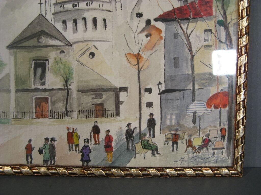 Français Peinture aquarelle vintage du Sacré-Cœur, signée 1964 -1Y63
