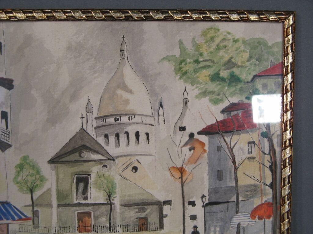 Toile Peinture aquarelle vintage du Sacré-Cœur, signée 1964 -1Y63
