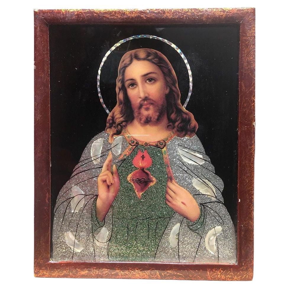 Vintage Sagrado Corazón de Jesús Lámina Holográfica Retrato Enmarcado en venta