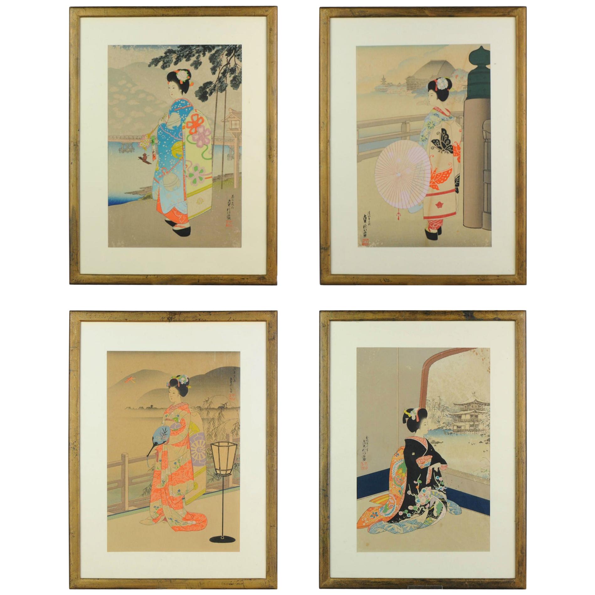 Vintage, Sadanobu III Hasegawa 1881-1963, Uchida Woodblock Prints, 4 Seasons