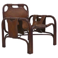 Vintage Safari Armchair in Rattan and Leather by Tito Agnoli for Bonacina 1960s