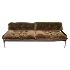 Milo Baughman Chrome Safari Sofa Lounge in Velvety Olive Green 1970s USA