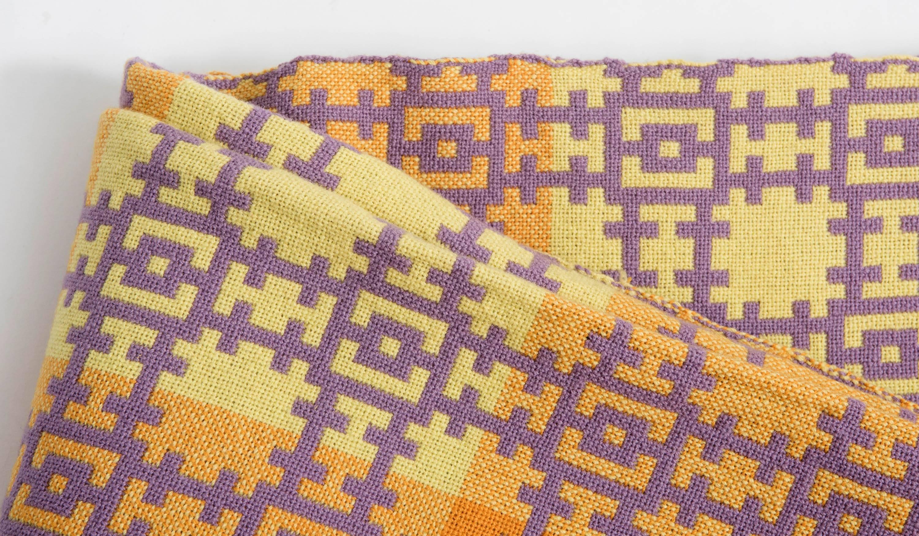 Vintage Saffron and Lavender Double Blanket, Wales, circa 1960 In Excellent Condition In Macclesfield, Cheshire