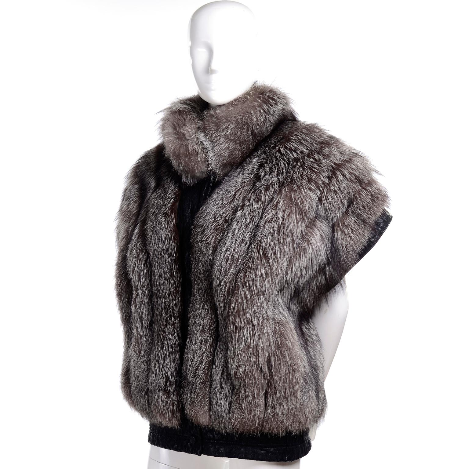 Vintage Saga Fox Gray Fur Jacket W Removable Black Ostrich Leather Sleeves 3