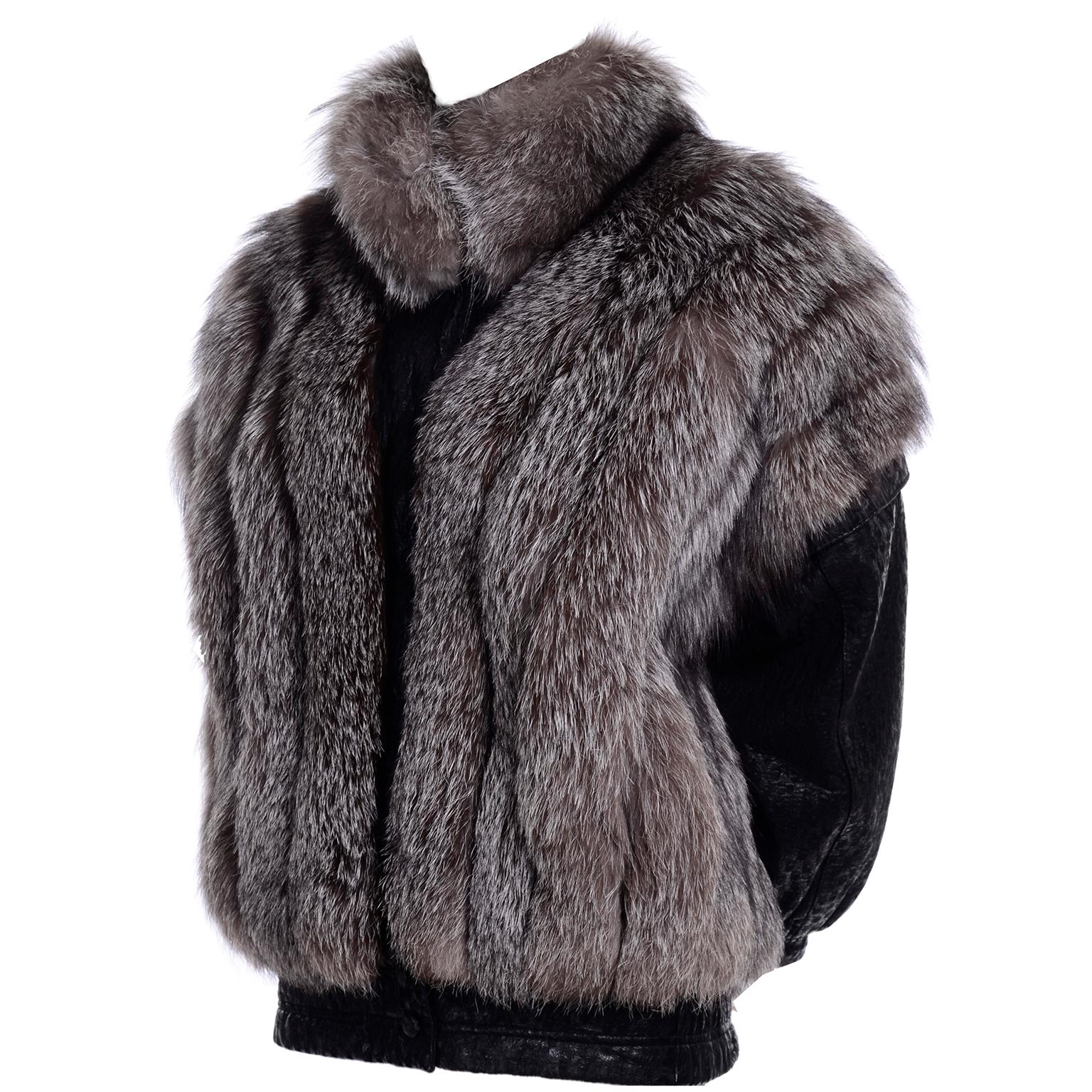 Vintage Saga Fox Gray Fur Jacket W Removable Black Ostrich Leather Sleeves 2
