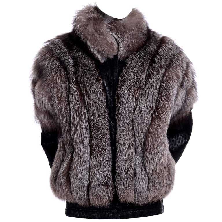 Vintage Saga Fox Gray Fur Jacket W Removable Black Ostrich Leather Sleeves  at 1stDibs