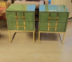 Pair of Sage Green Opaline Glass Nightstands, Brass Handles and Inlays