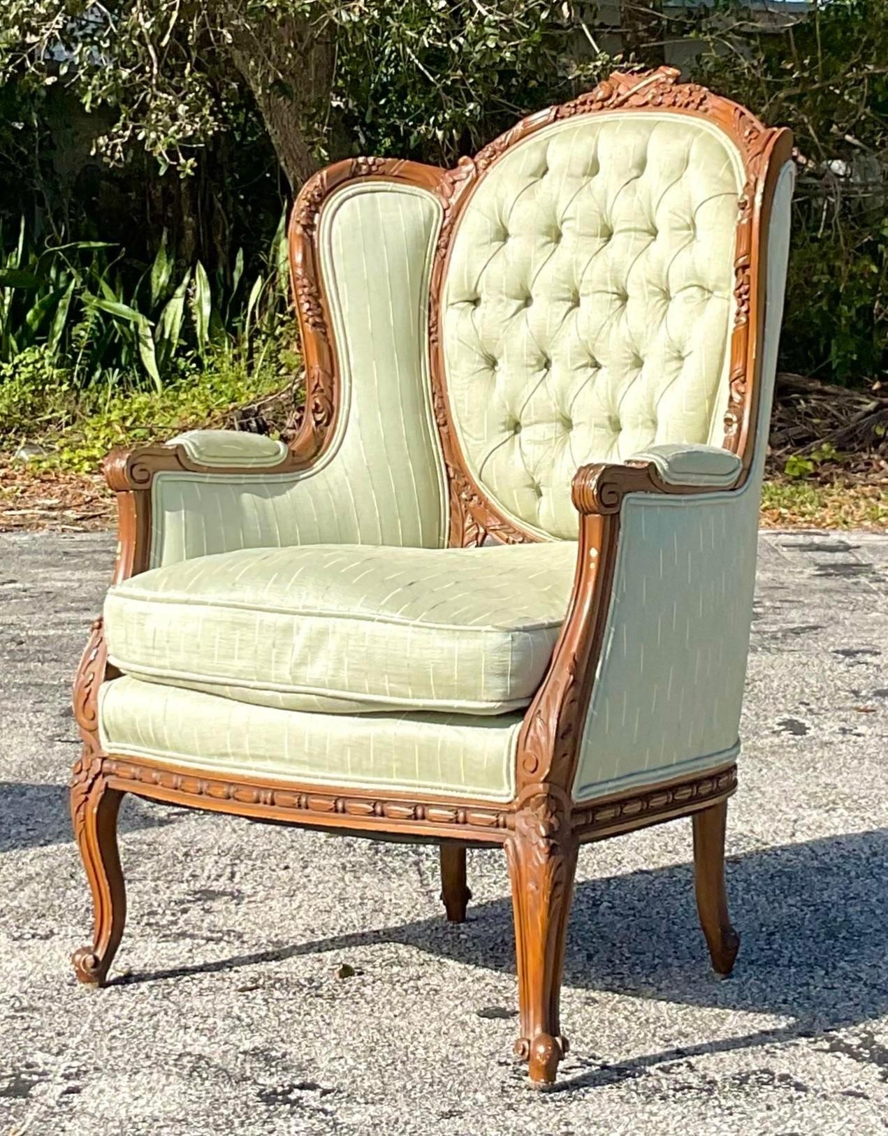 American Vintage Sage Green Wingback Chair For Sale