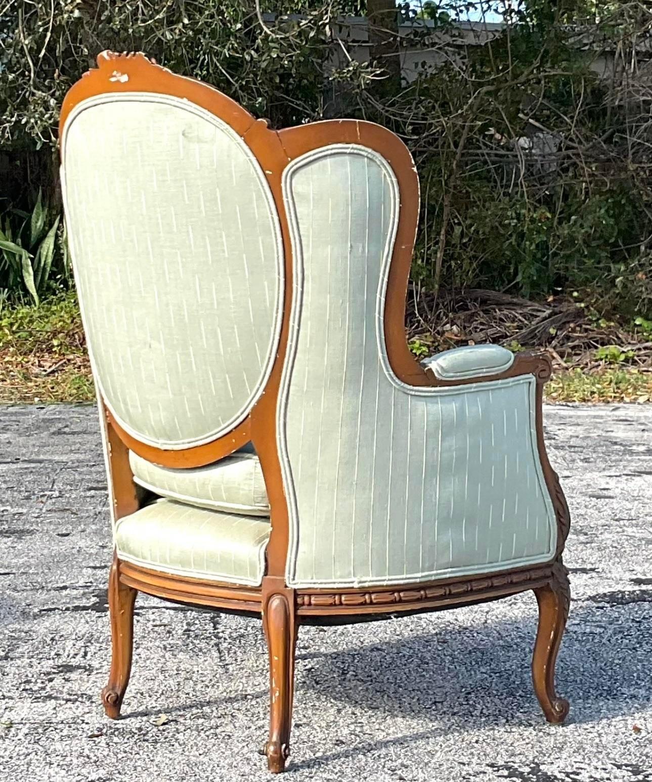 Vintage Sage Green Wingback Chair In Good Condition For Sale In west palm beach, FL