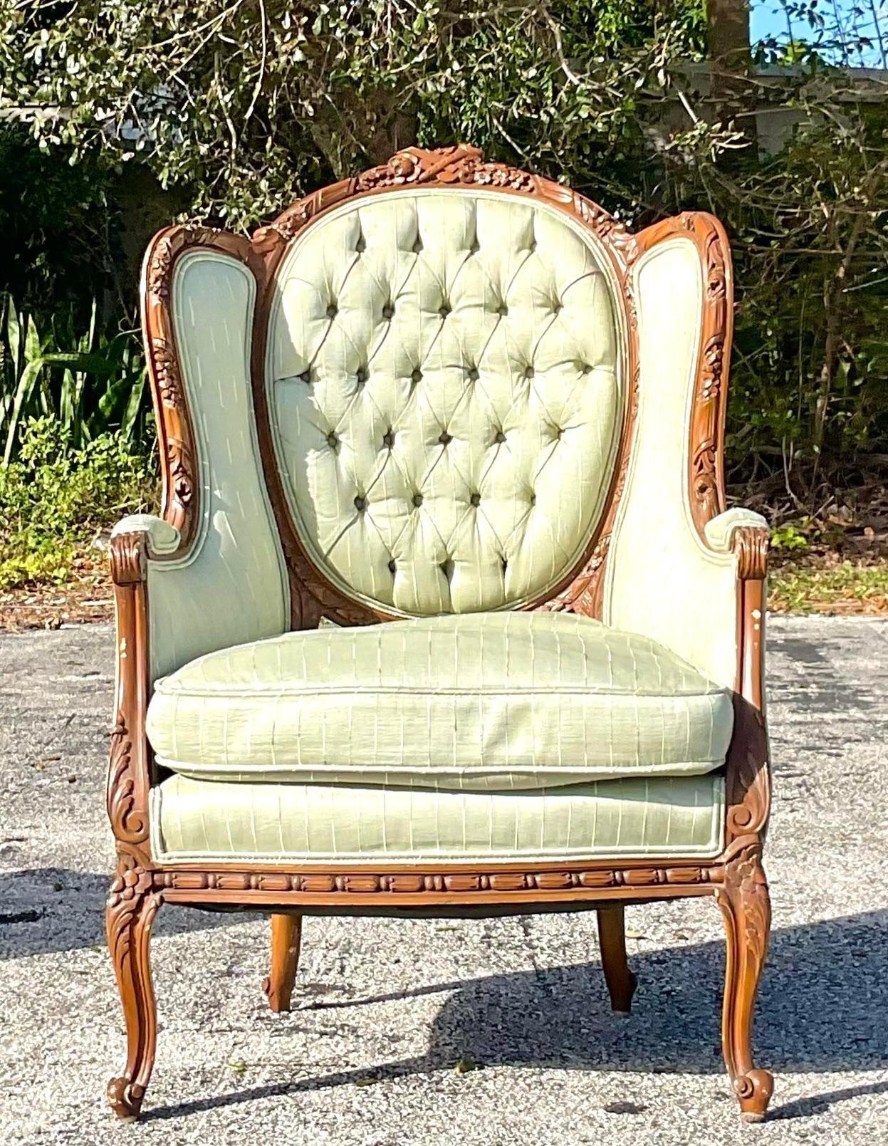 20th Century Vintage Sage Green Wingback Chair For Sale