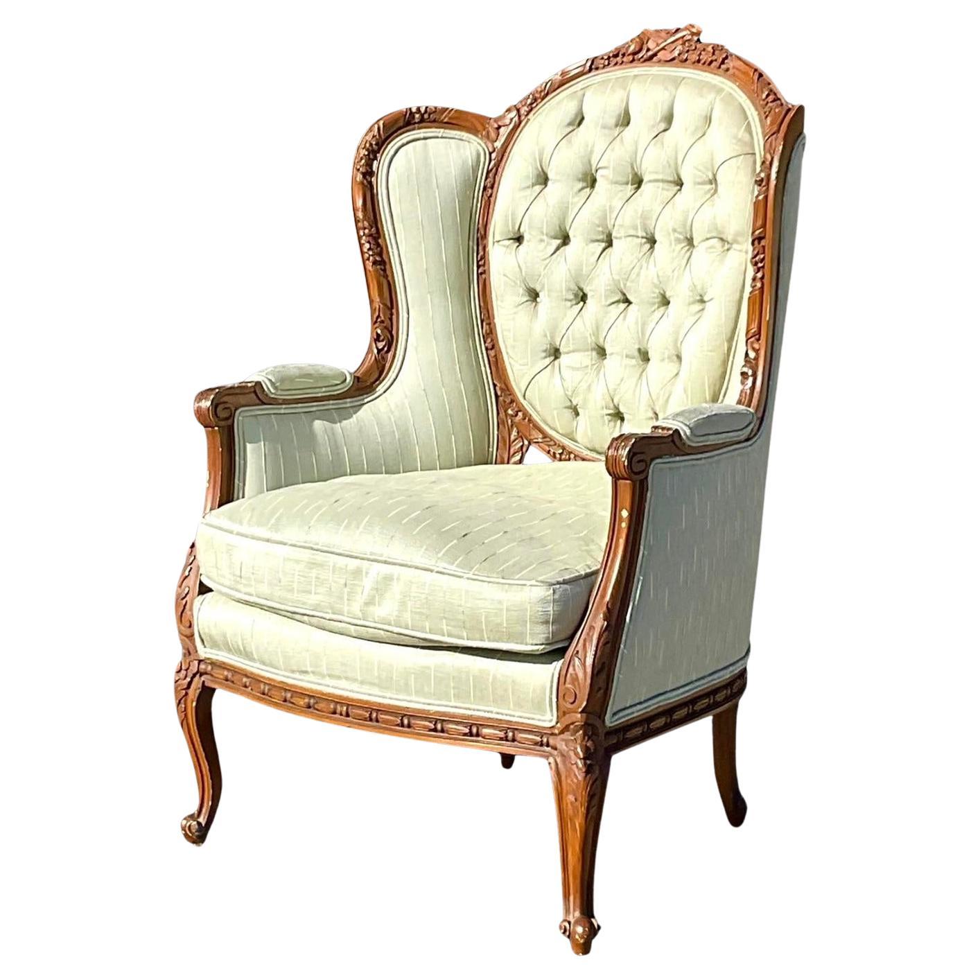 Vintage Sage Green Wingback Chair For Sale