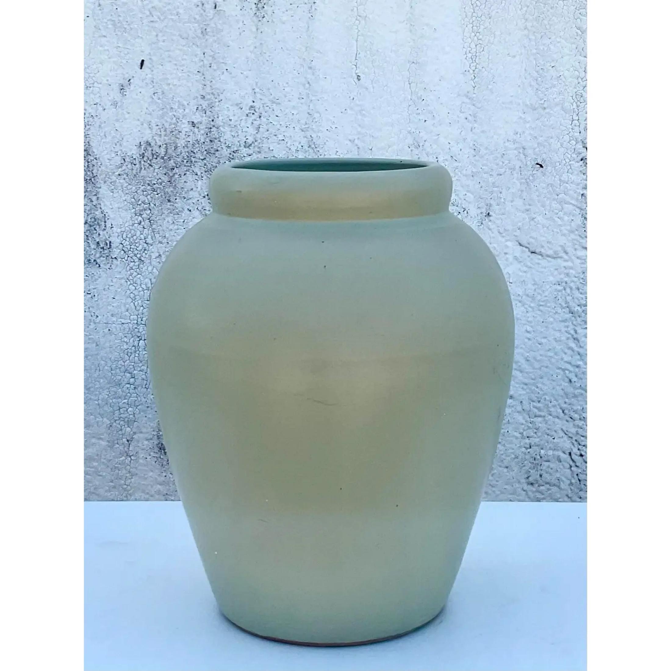 Bohemian Vintage Sage Matte Glaze Ceramic Urn For Sale