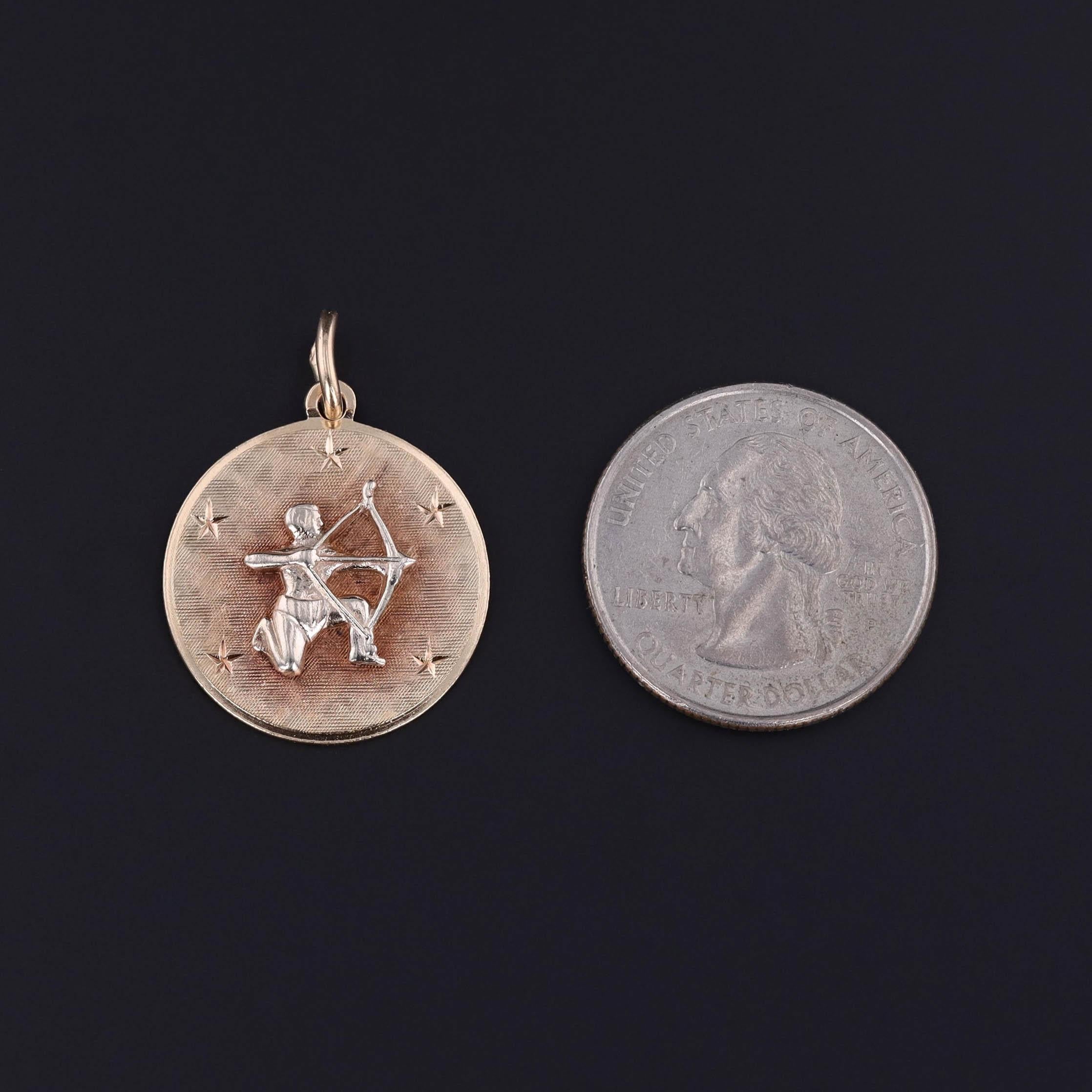Vintage Sagittarius Zodiac Charm: A vintage charm depicting a Sagittarius archer of 14k gold. The reverse bears the inscription 'Jeff Shane 12-18-62'.

The inscription can be removed for an additional $50 charge.

The piece measures 1.2 inches from