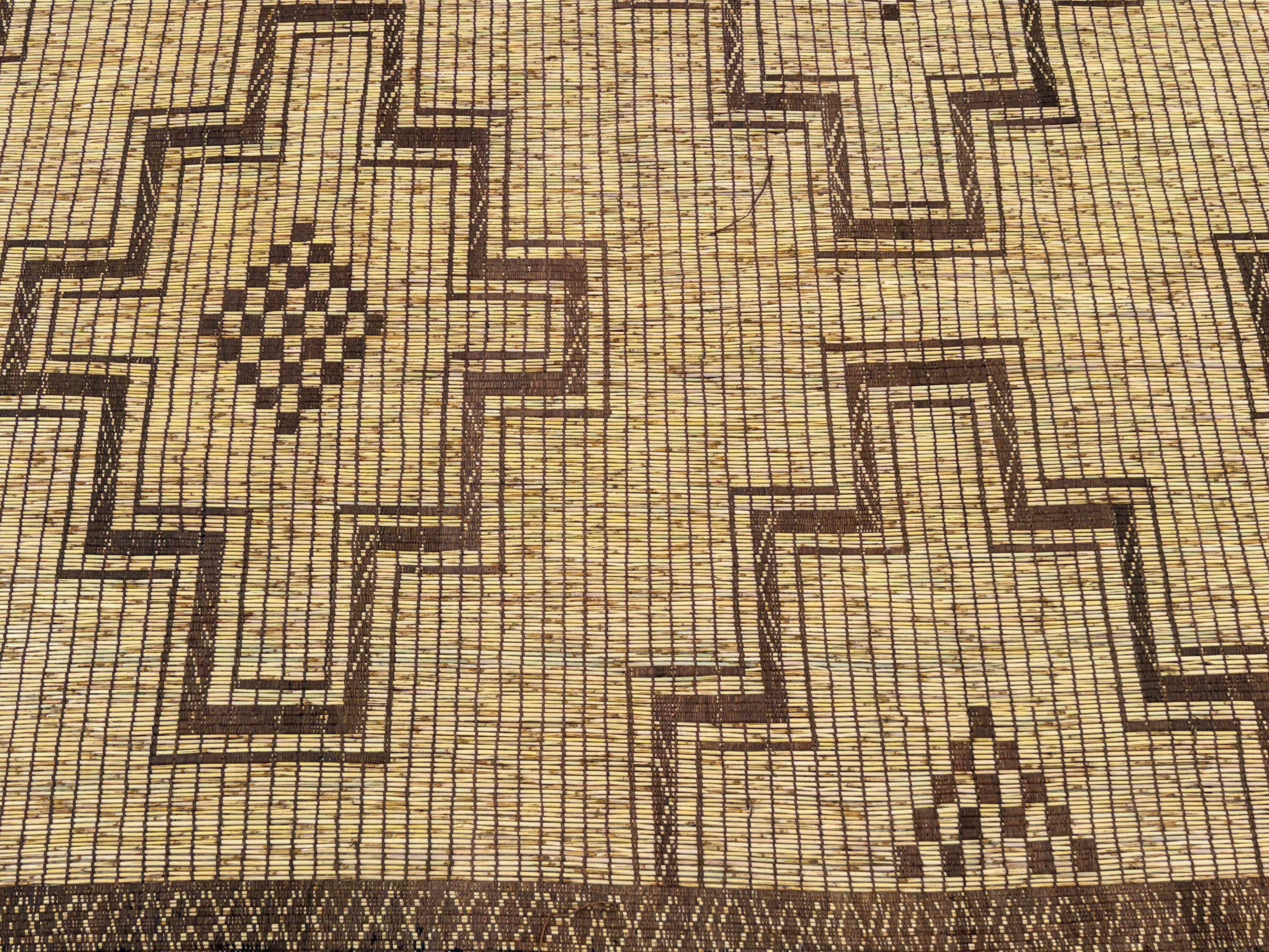 20th Century Vintage Saharan Mauritanian Tuareg Leather and Reed Rug with Stepped Diamonds For Sale