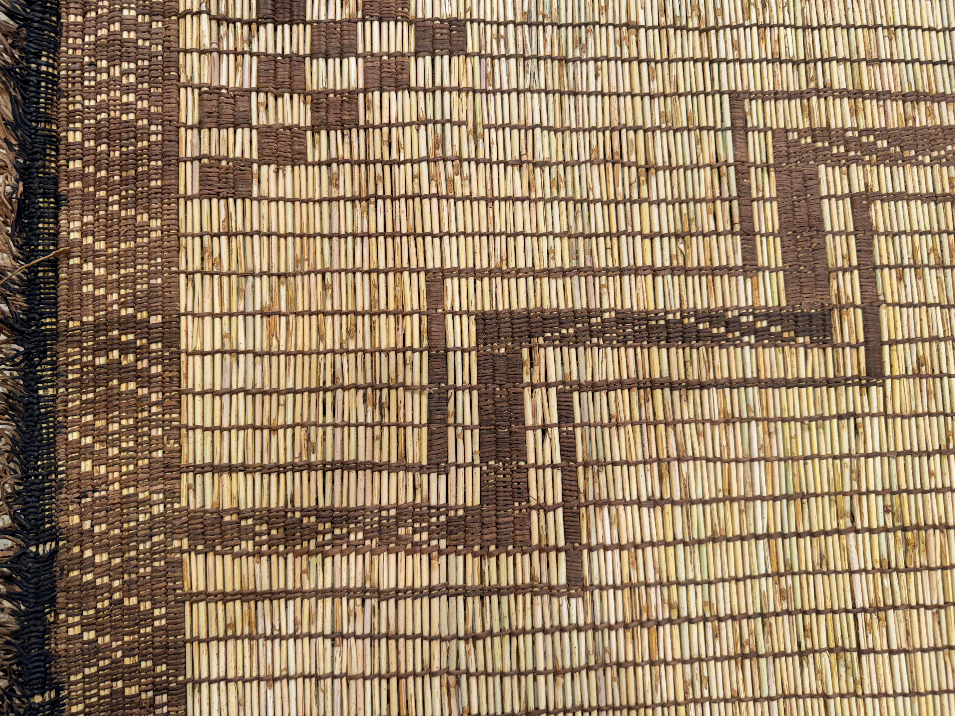 Vintage Saharan Mauritanian Tuareg Leather and Reed Rug with Stepped Diamonds For Sale 1