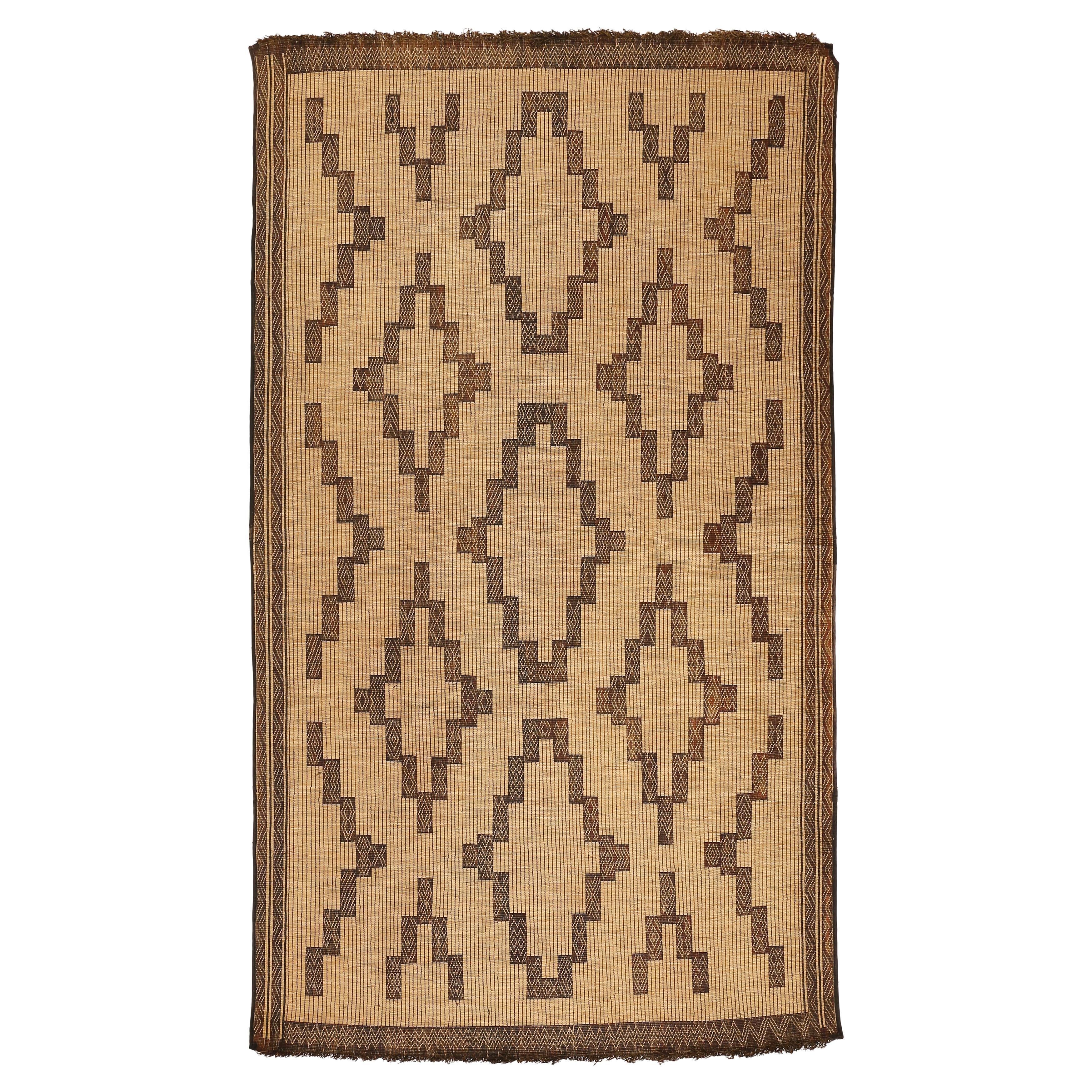 Vintage Saharan Tuareg Leather and Reed Rug with Geometric Pattern For Sale