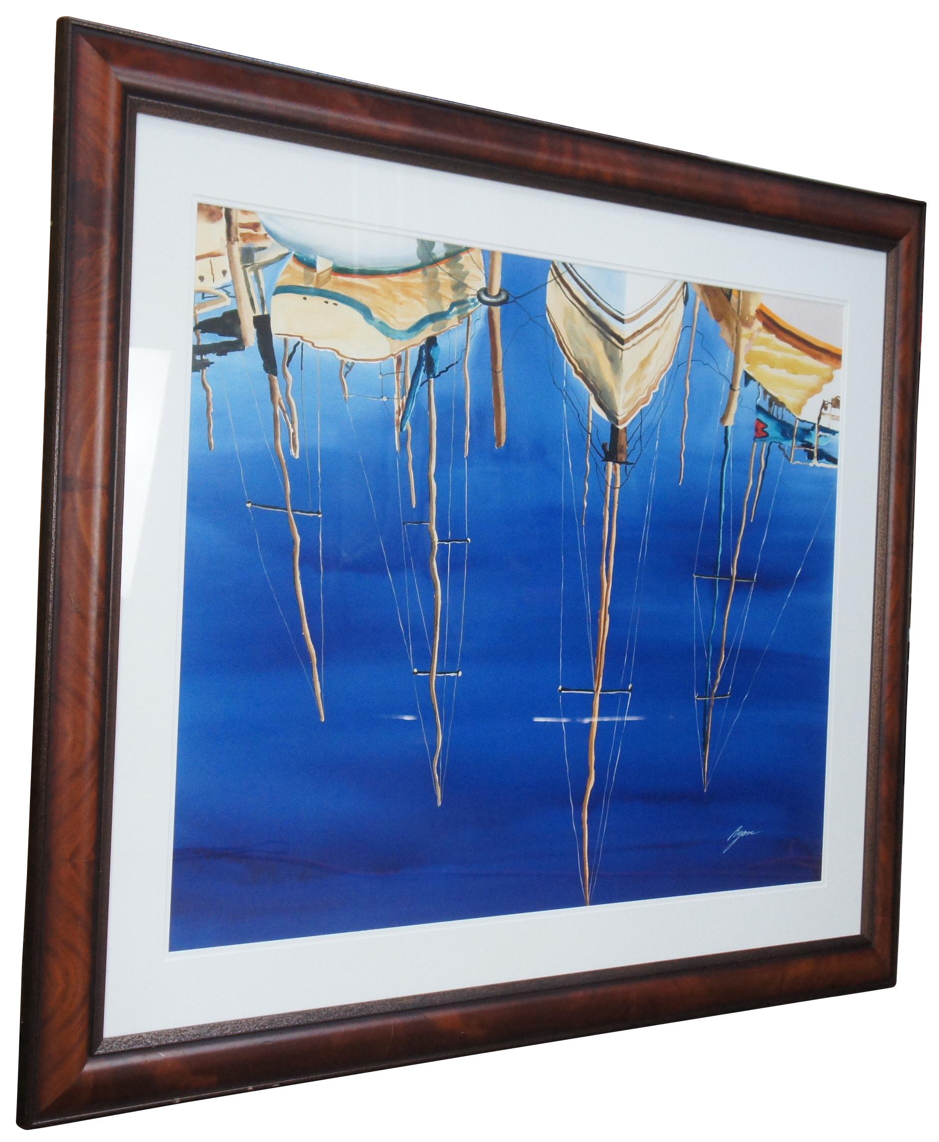 Vintage watercolor painting featuring the mirrored reflection of sailboats on the ocean. Signed Ryan lower right, a North Carolina Artist; Framed in Mahogany. 

art 45