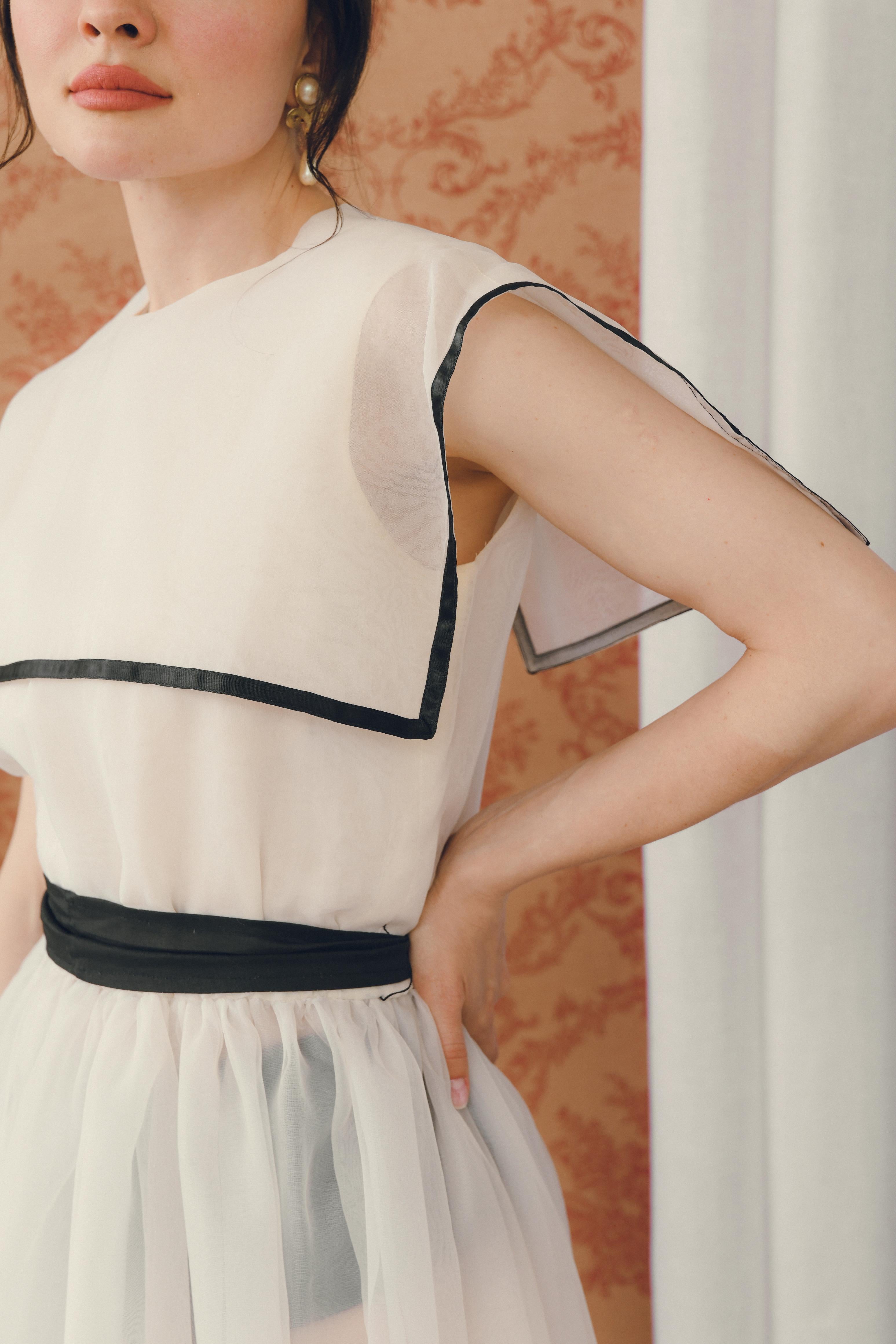 Vintage Sailor Collar Organza Dress With Detachable Lining For Sale 2