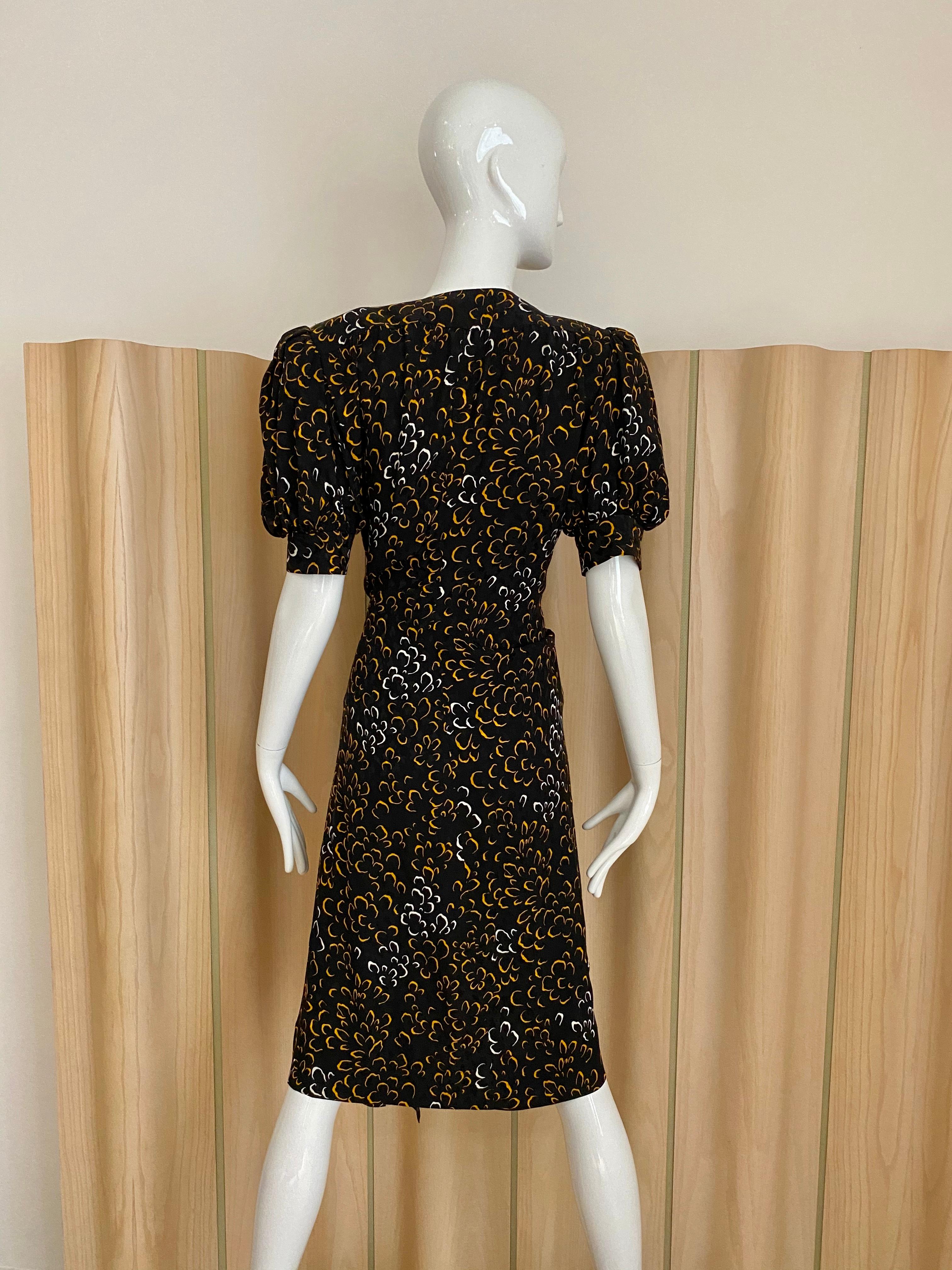 Vintage Saint Laurent Black and Yellow Print Silk Wrap Dress For Sale 3