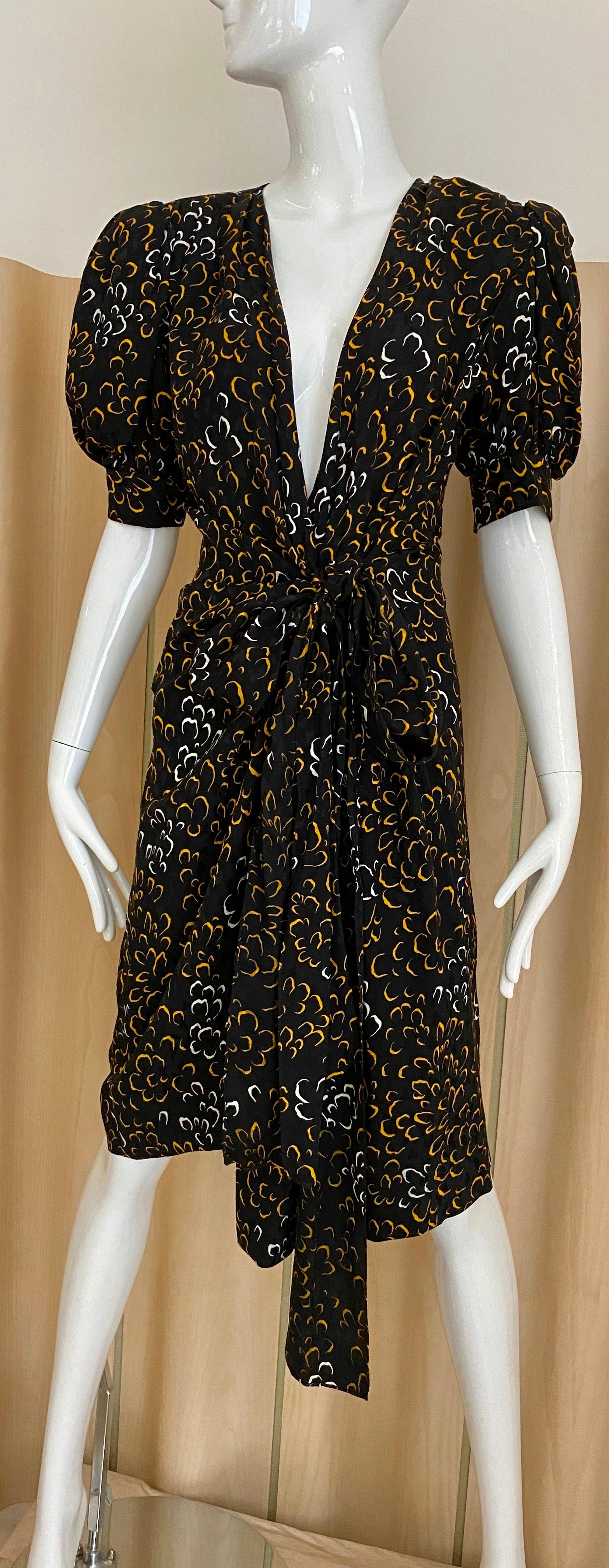 Vintage Saint Laurent Black and Yellow Print Silk Wrap Dress For Sale 4