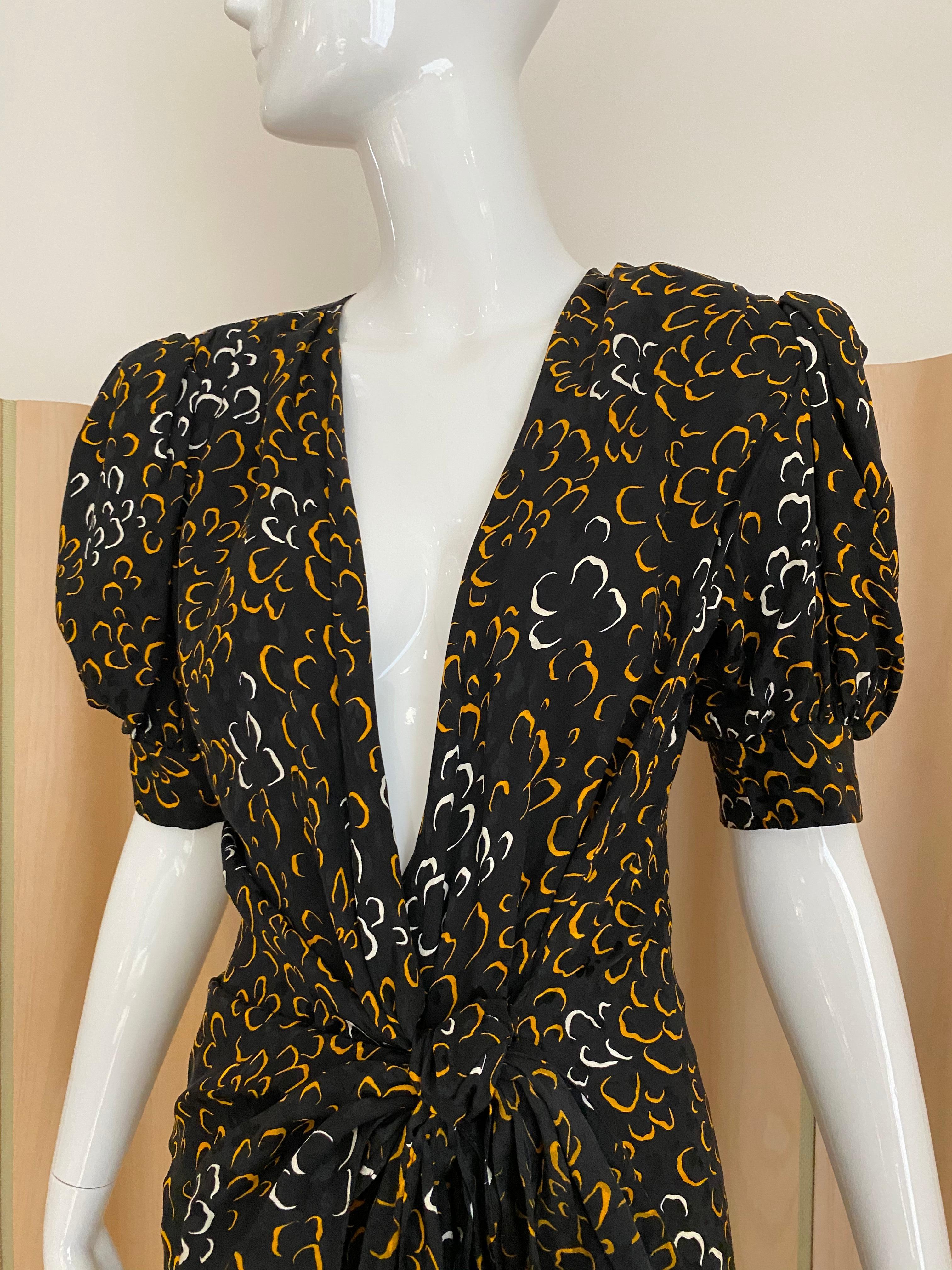 Vintage Saint Laurent Black and Yellow Print Silk Wrap Dress For Sale 1