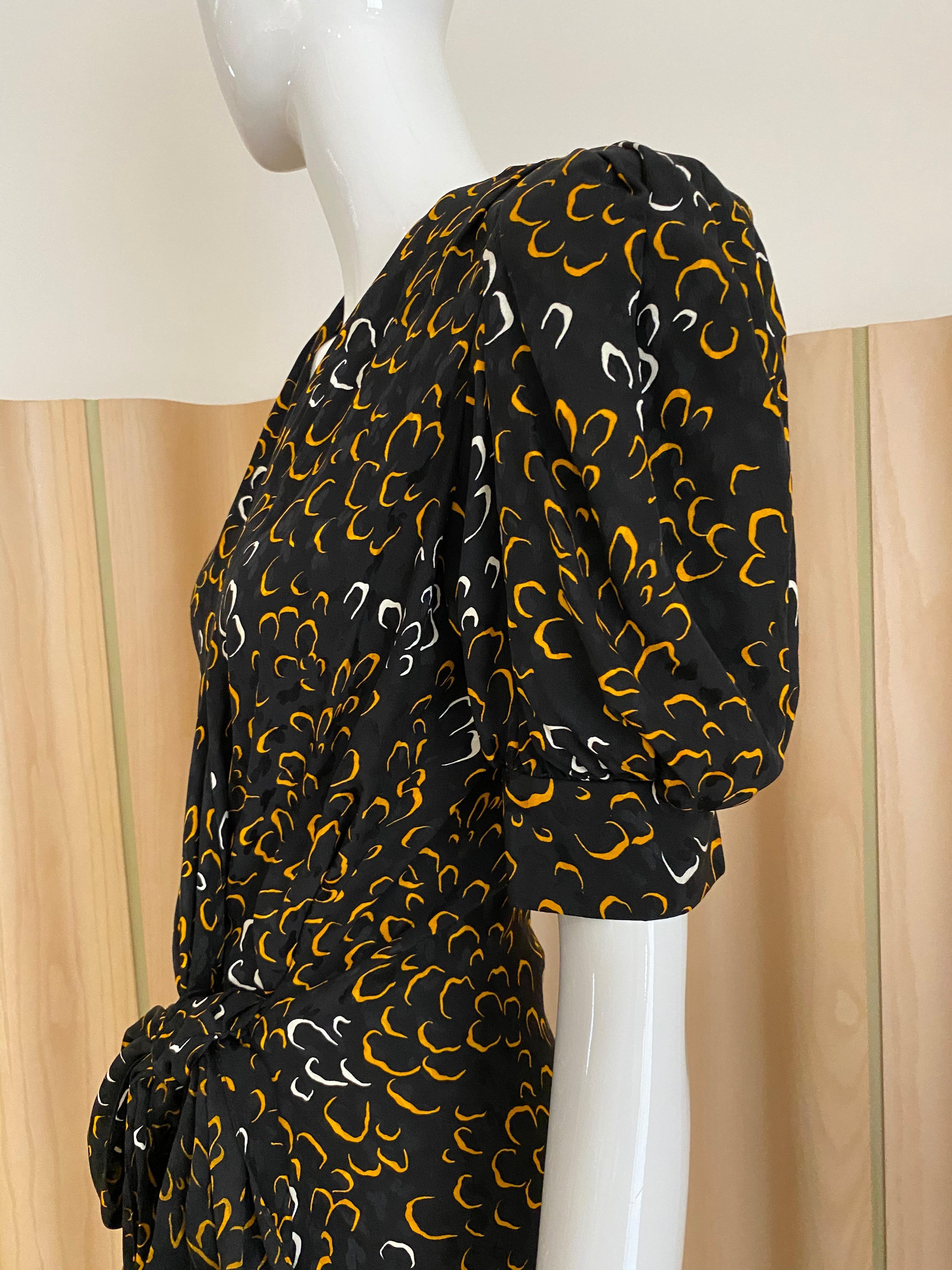 Vintage Saint Laurent Black and Yellow Print Silk Wrap Dress For Sale 2