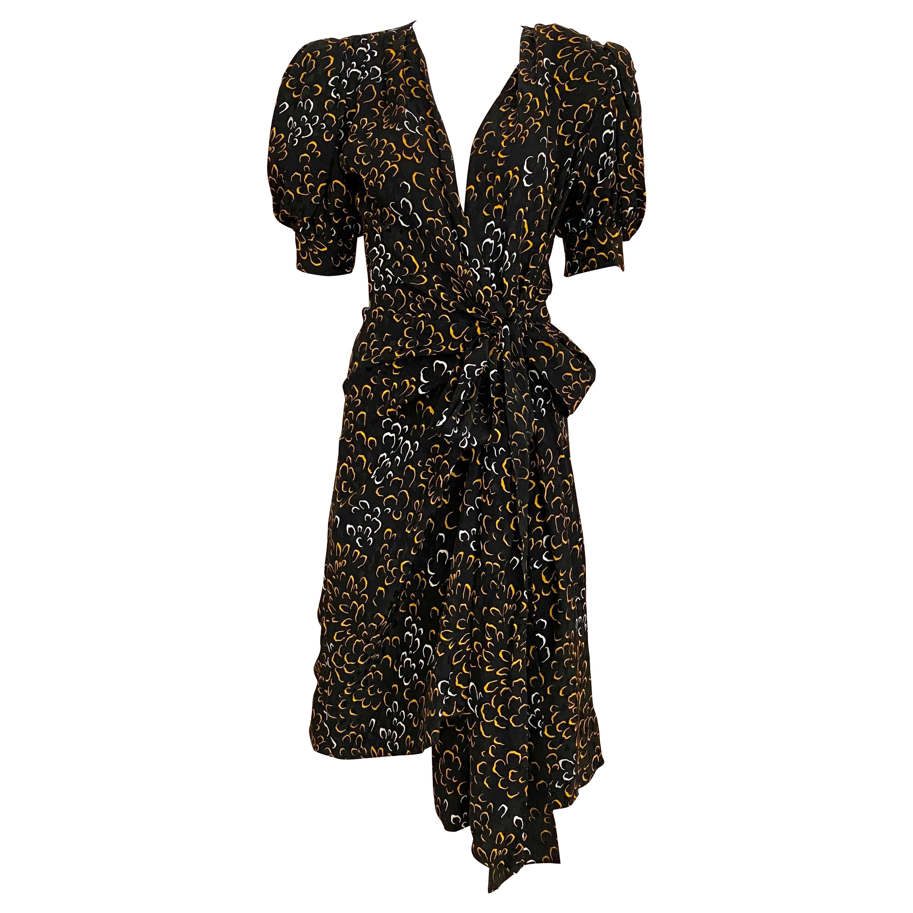 Vintage Saint Laurent Black and Yellow Print Silk Wrap Dress
