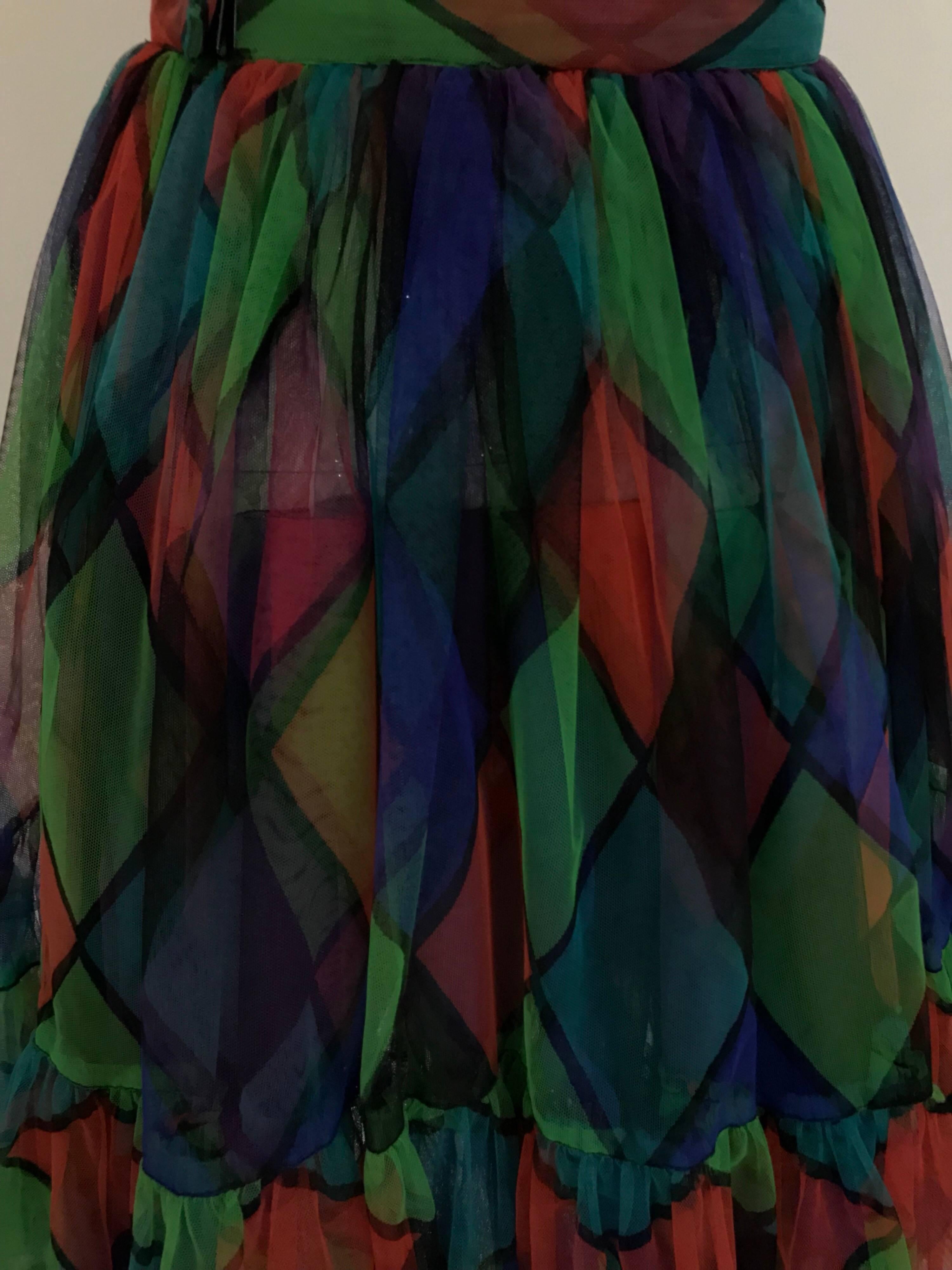 Vintage Saint Laurent Green and Red Harlequin Print Tulle Skirt In Excellent Condition For Sale In Beverly Hills, CA