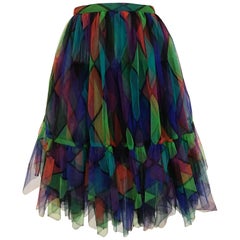 Vintage Saint Laurent Falda de tul verde y roja con estampado de arlequín