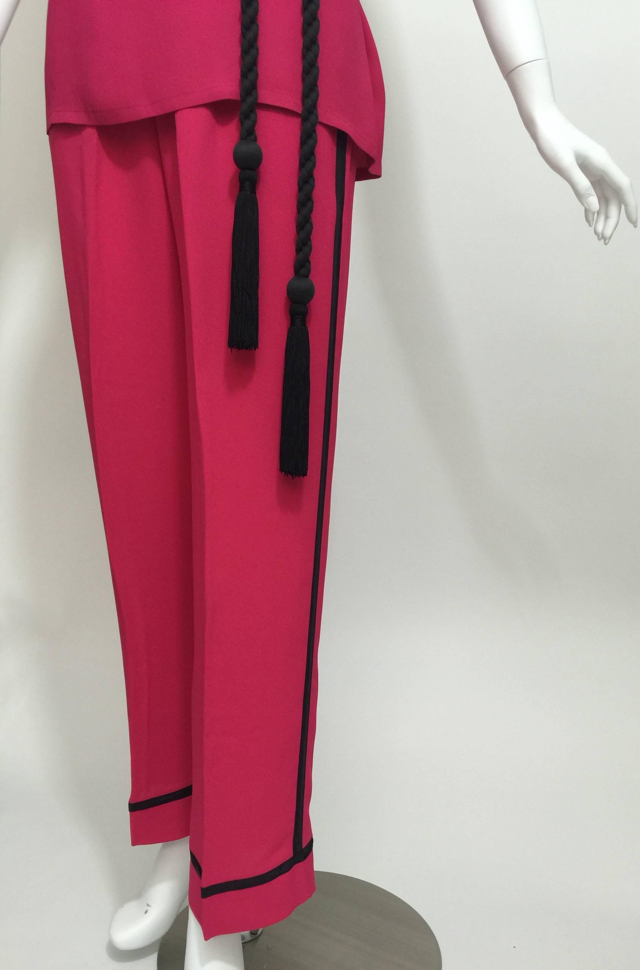 Vintage Saint Laurent Pink 1970s Top, Pants & Black Tassel Belt Set YSL In Excellent Condition For Sale In Boca Raton, FL