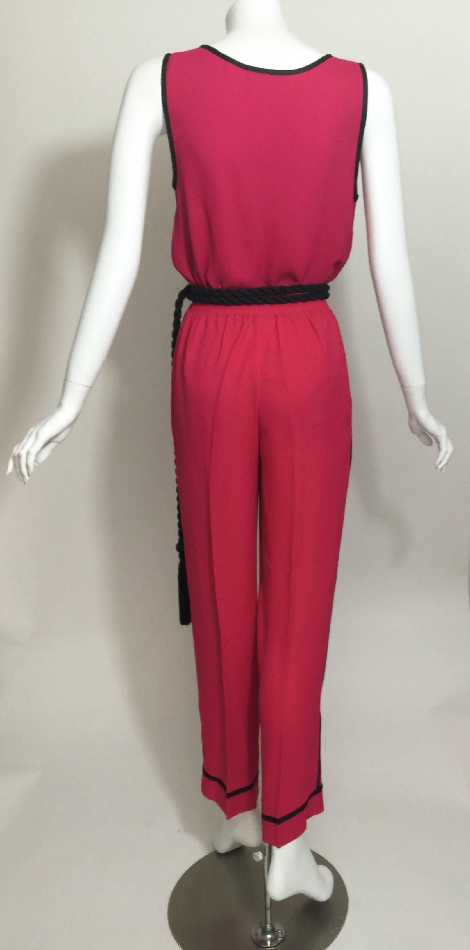 Vintage Saint Laurent Pink 1970s Top, Pants & Black Tassel Belt Set YSL For Sale 2