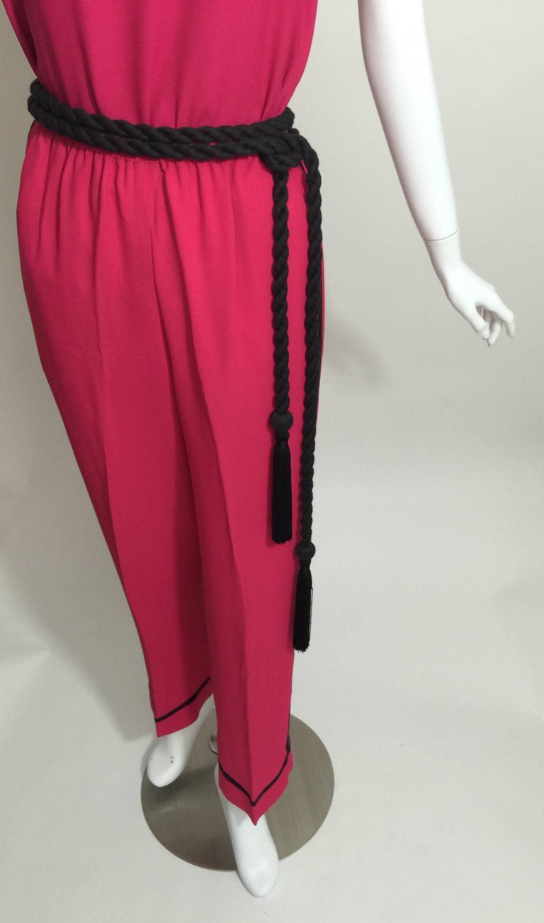 Vintage Saint Laurent Pink 1970s Top, Pants & Black Tassel Belt Set YSL For Sale 4