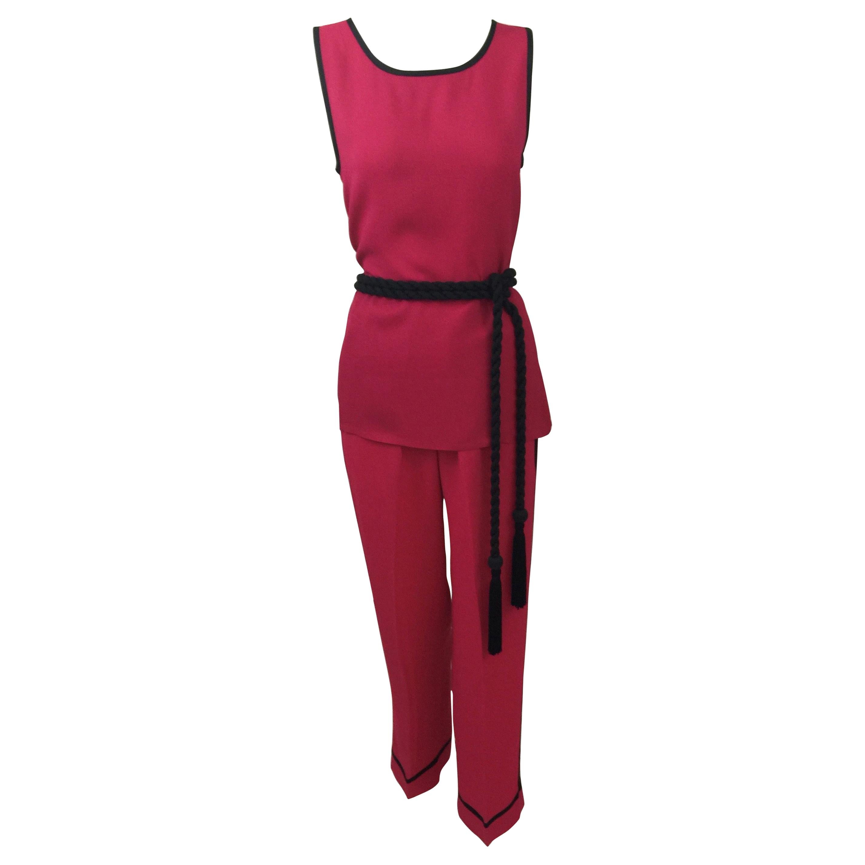 Vintage Saint Laurent Pink 1970s Top, Pants & Black Tassel Belt Set YSL