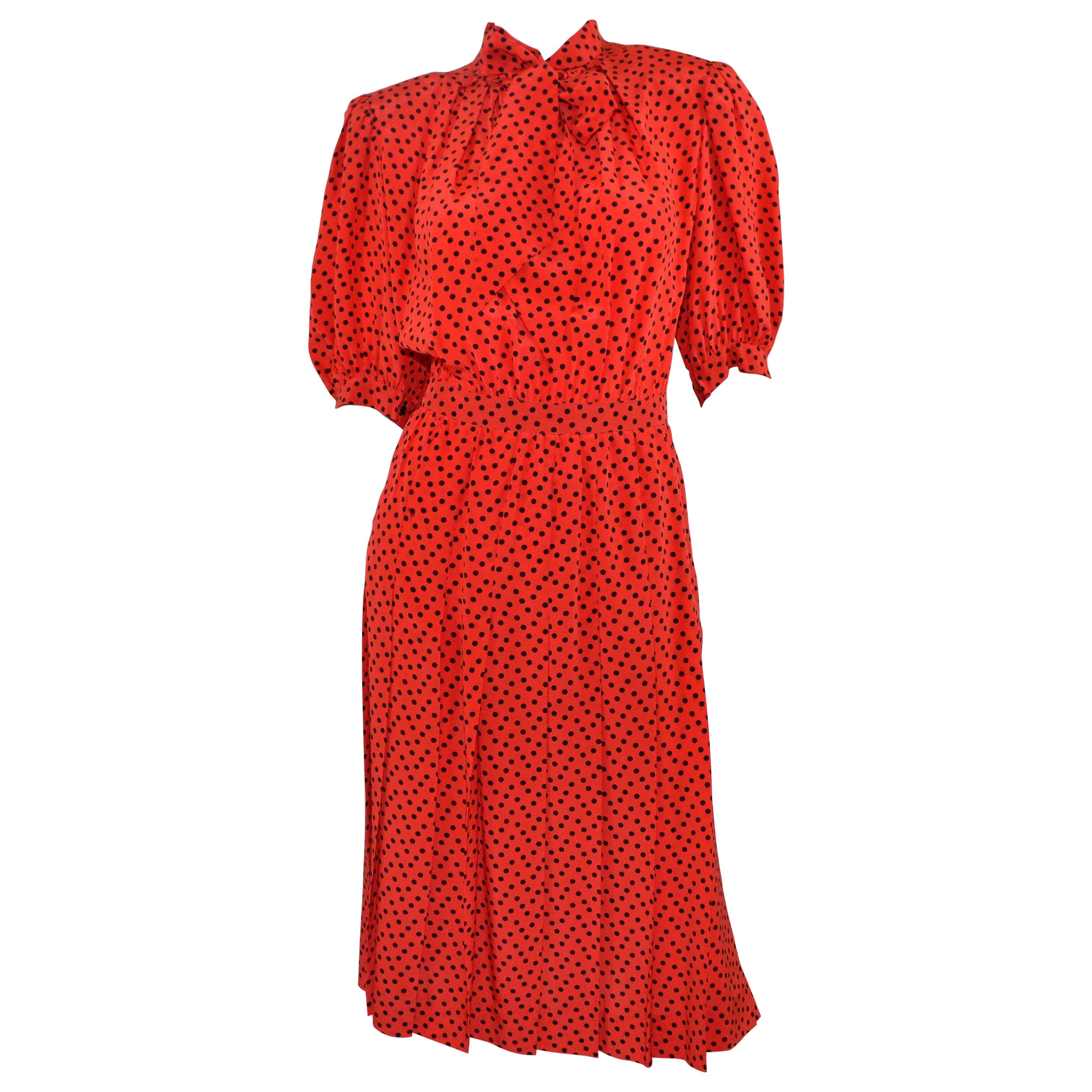 Vintage Saint Laurent Rive Gauche Polka-Dot Pleated Dress with Neck Tie
