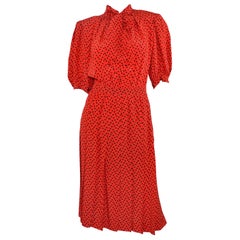 Vintage Saint Laurent Rive Gauche Polka-Dot Pleated Dress with Neck Tie