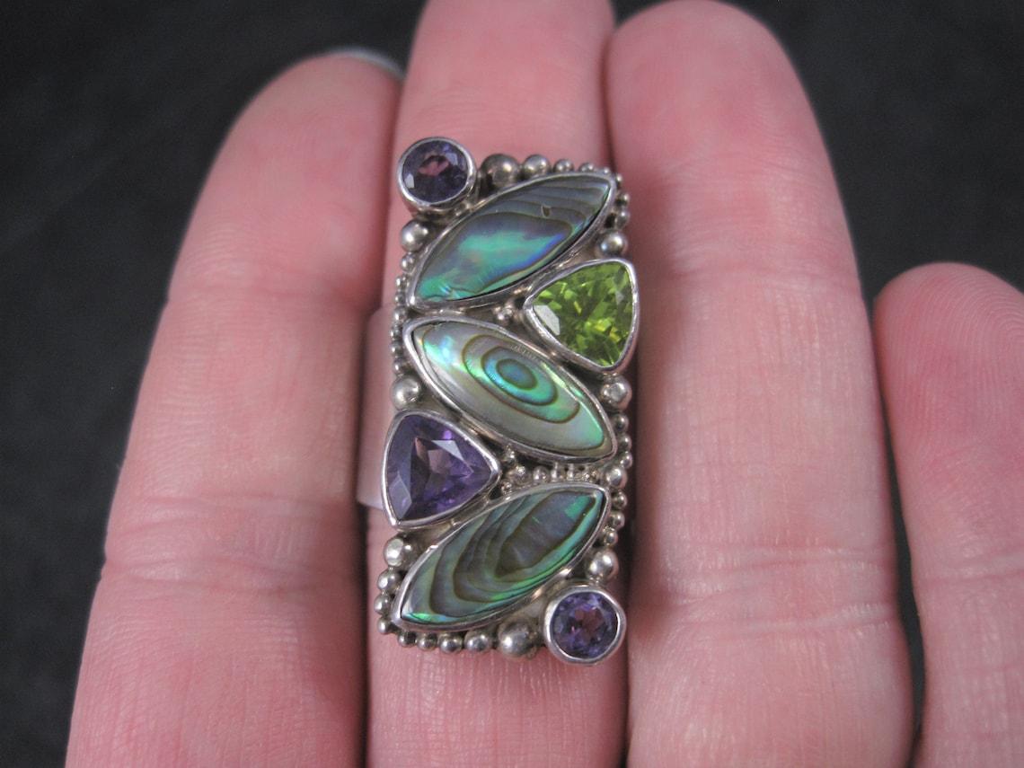 De las mujeres Anillo Vintage Sajen de Abalón de Esterlina Amatista Peridoto Talla 7 en venta
