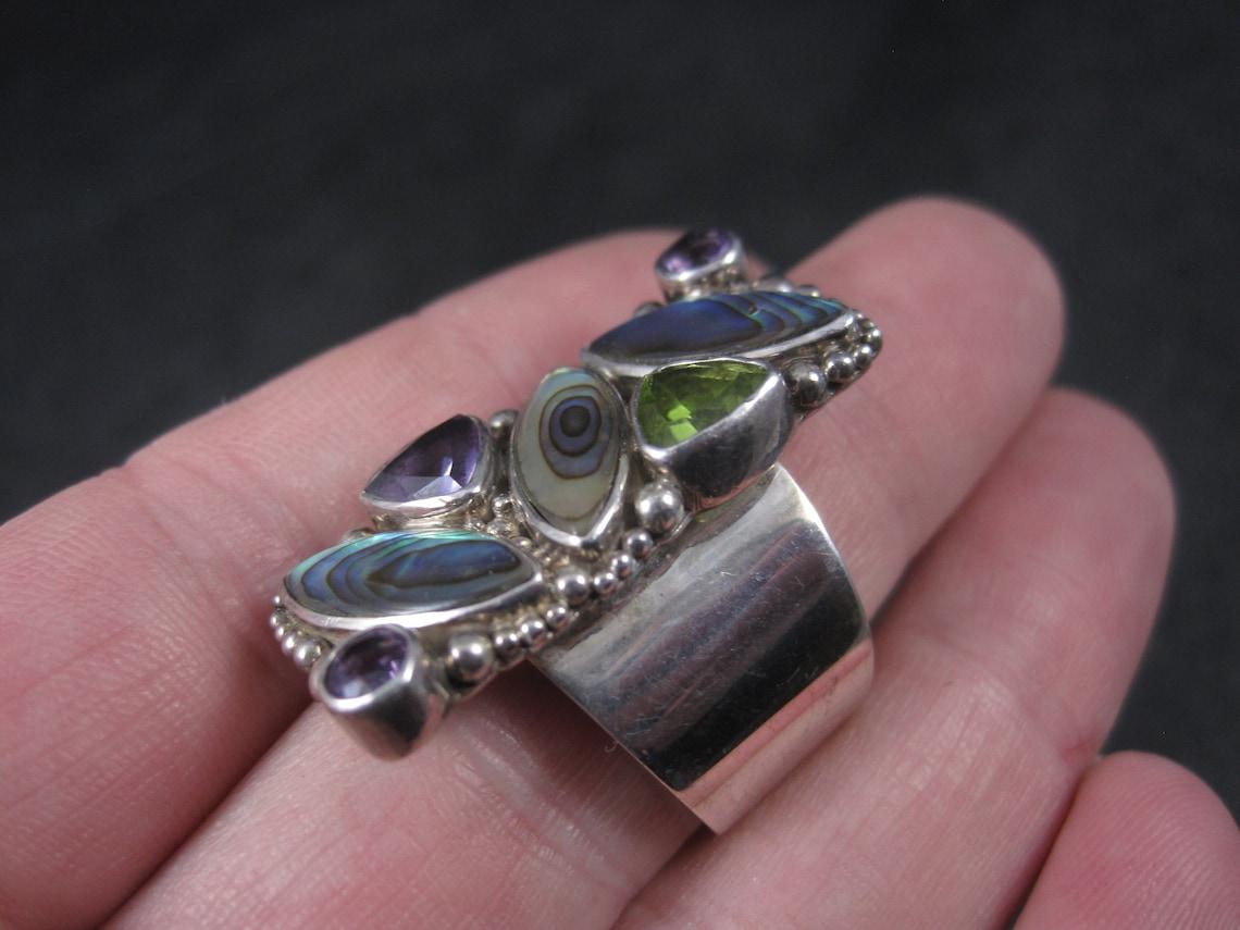 Anillo Vintage Sajen de Abalón de Esterlina Amatista Peridoto Talla 7 en venta 1