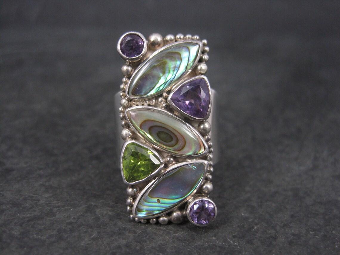 Anillo Vintage Sajen de Abalón de Esterlina Amatista Peridoto Talla 7 en venta 2