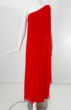 Vintage Saks 5th Avenue Red Silk Chiffon One Shoulder Evening Gown 1970s Small