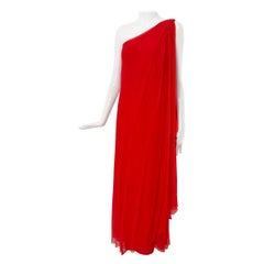 Vintage Saks 5th Avenue Red Silk Chiffon One Shoulder Evening Gown 1970s Small