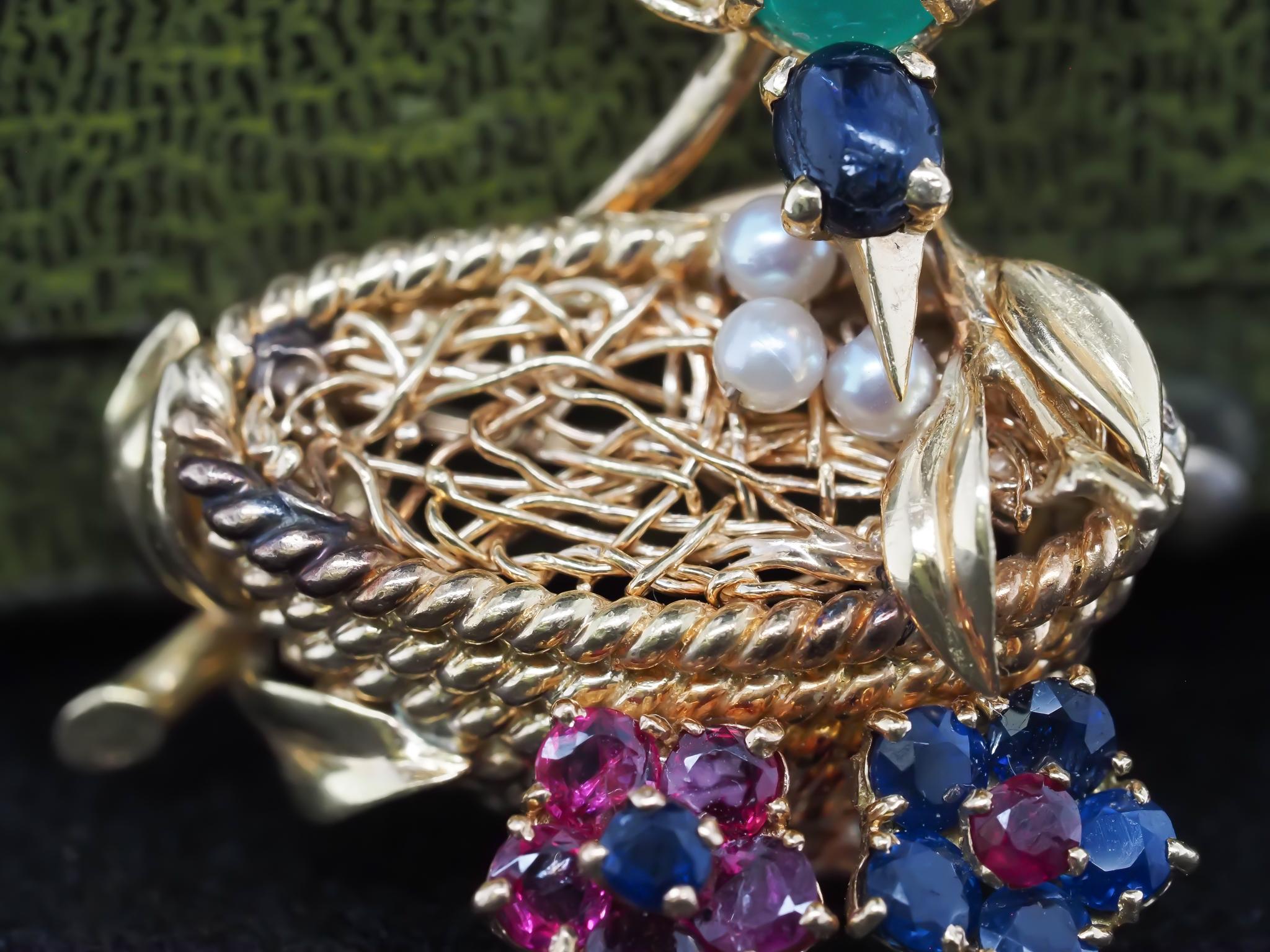 Vintage SAKS Fifth Avenue Emerald Ruby and Sapphire Bird in Nest Brooch For Sale 6
