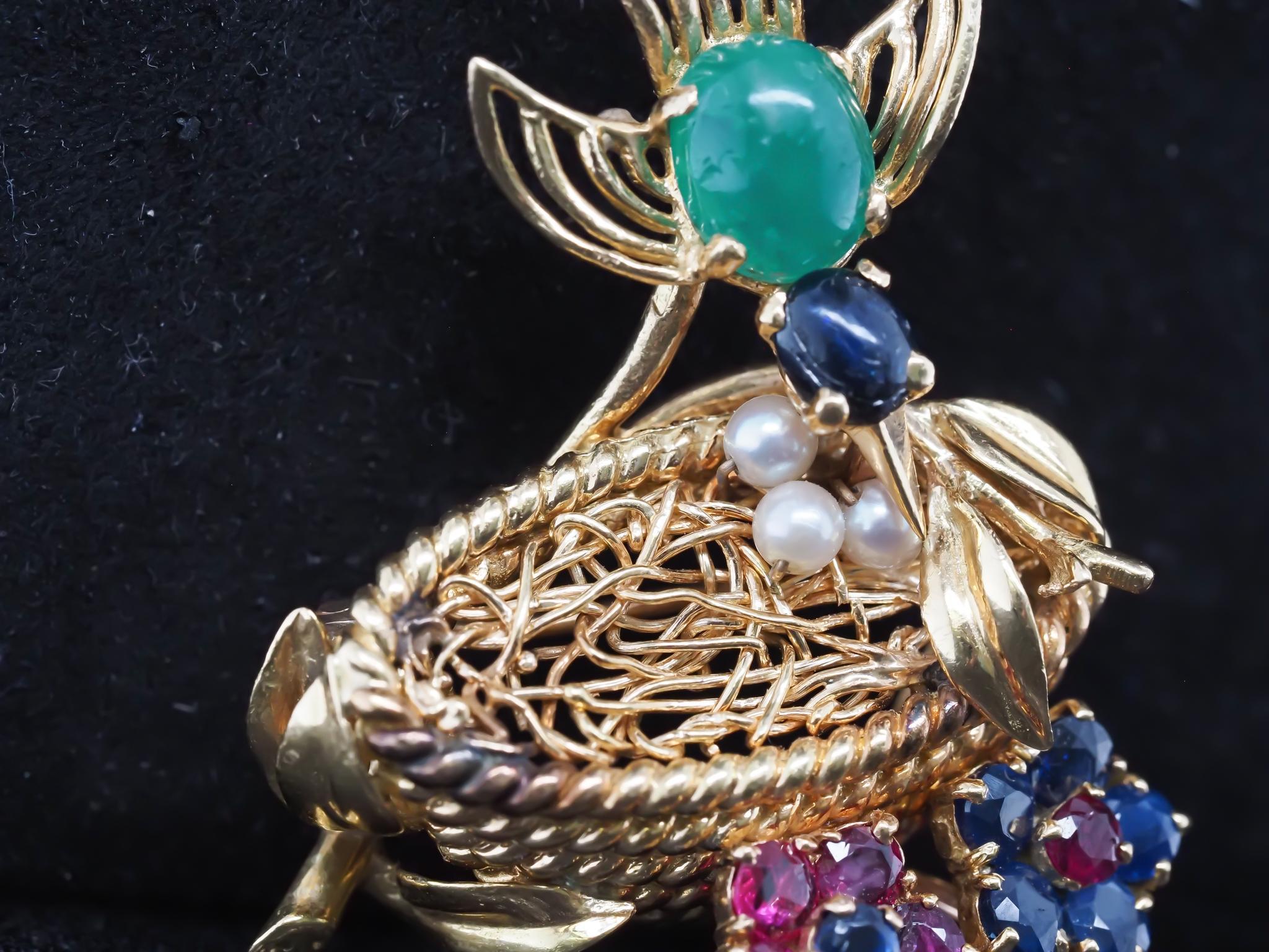 Vintage SAKS Fifth Avenue Emerald Ruby and Sapphire Bird in Nest Brooch For Sale 7