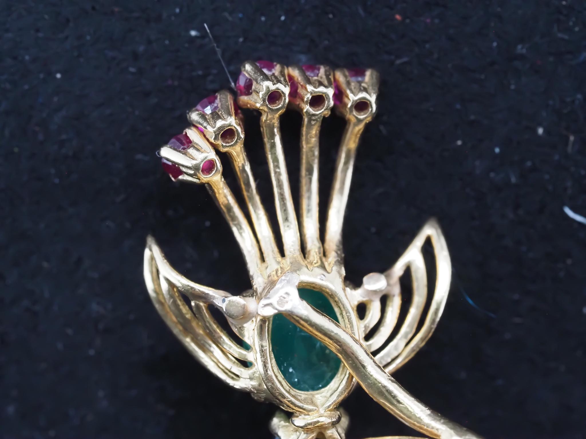 Vintage SAKS Fifth Avenue Emerald Ruby and Sapphire Bird in Nest Brooch For Sale 8