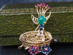 Vintage SAKS Fifth Avenue Emerald Ruby and Sapphire Bird in Nest Brooch
