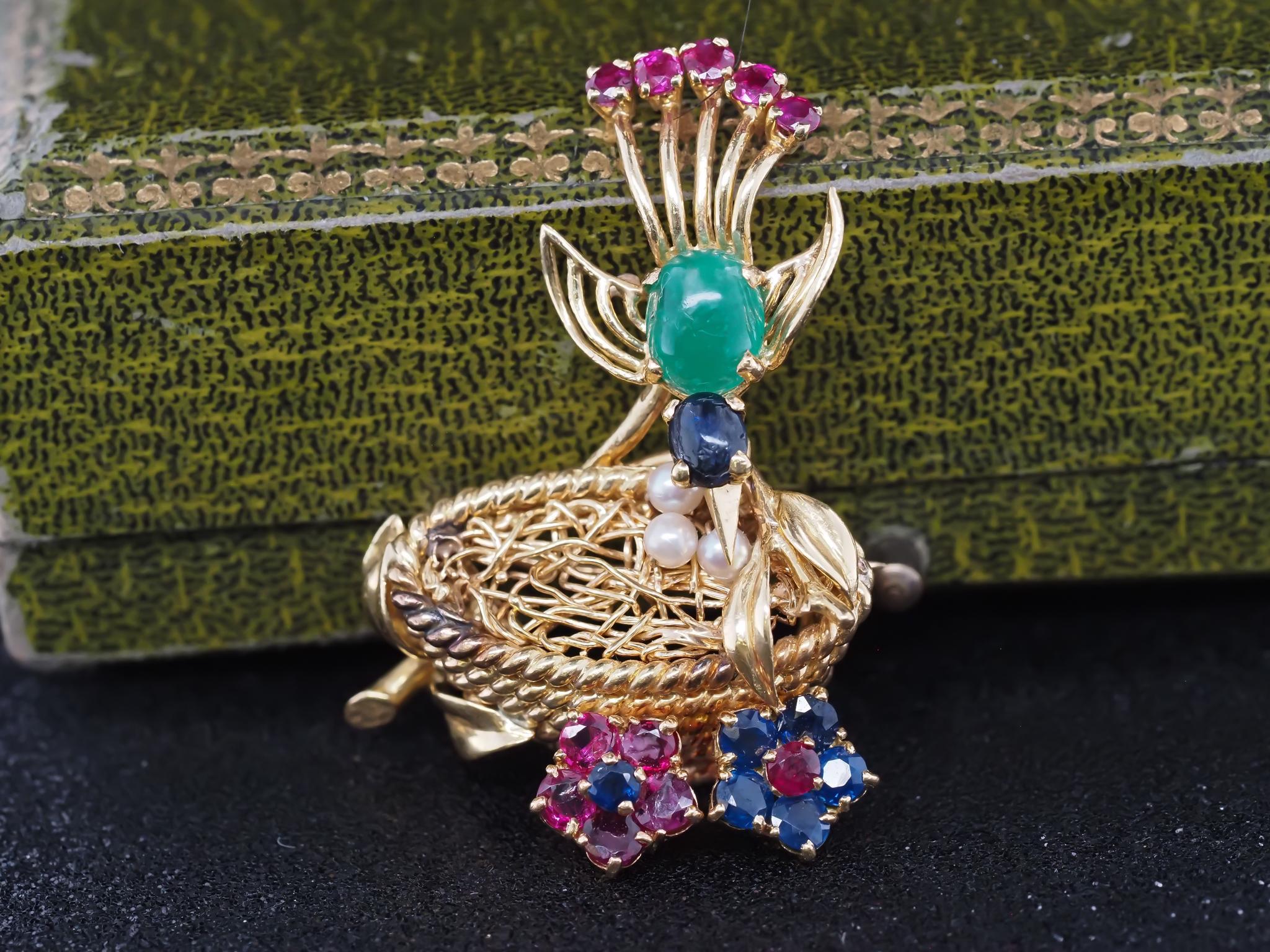 Women's Vintage SAKS Fifth Avenue Emerald Ruby and Sapphire Bird in Nest Brooch For Sale