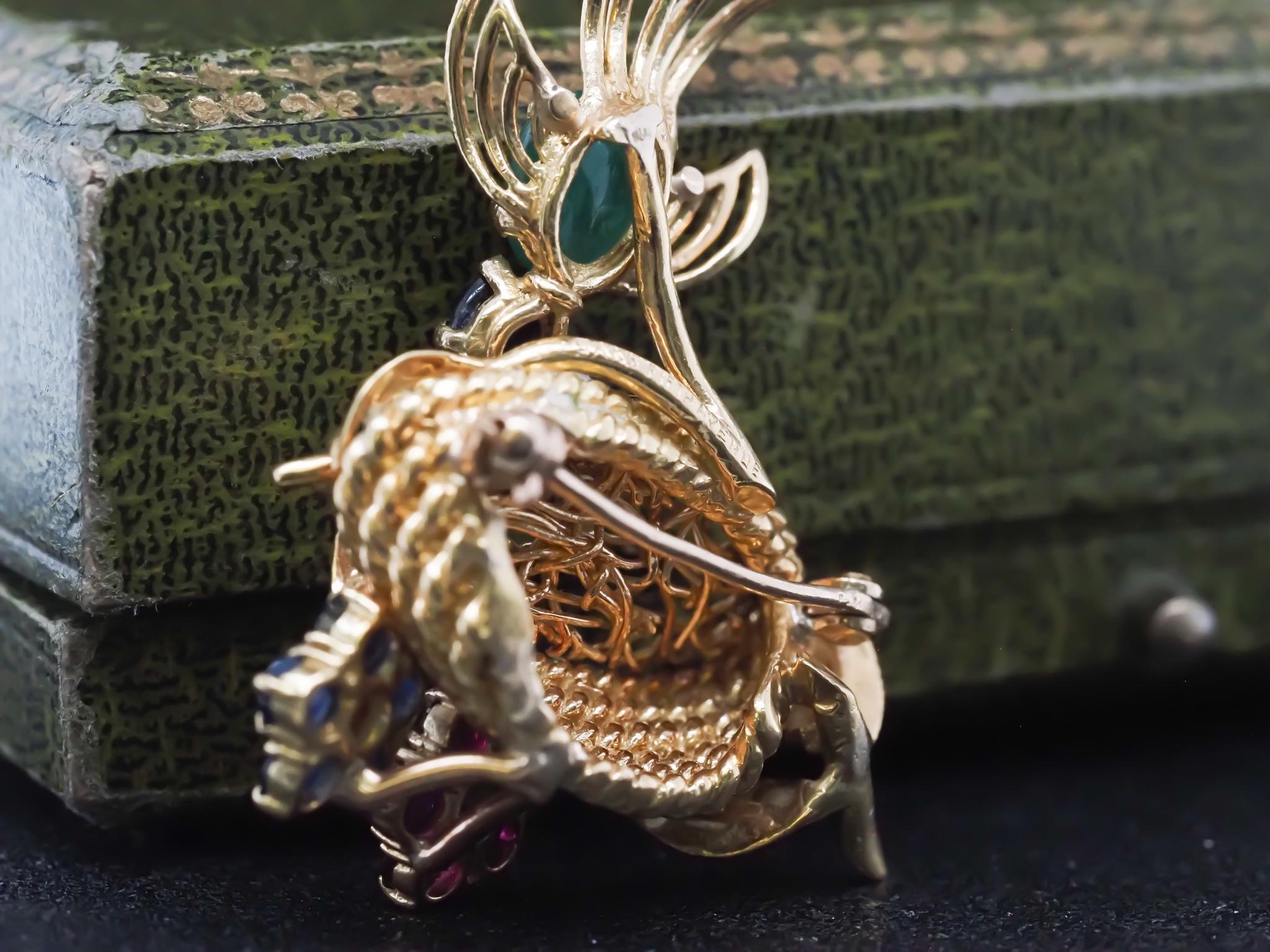 Vintage SAKS Fifth Avenue Emerald Ruby and Sapphire Bird in Nest Brooch For Sale 2