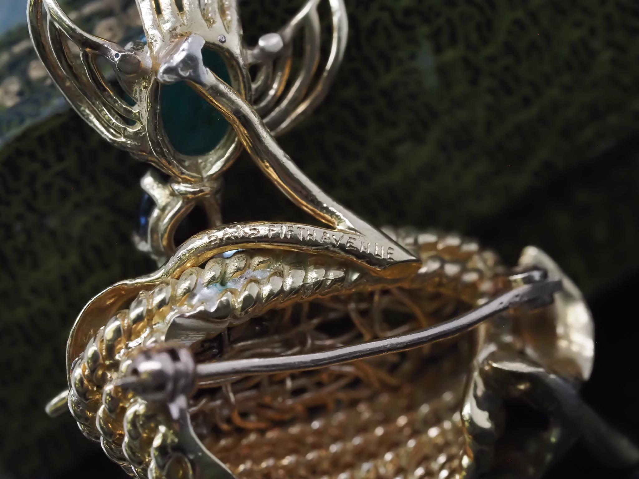 Vintage SAKS Fifth Avenue Emerald Ruby and Sapphire Bird in Nest Brooch For Sale 3